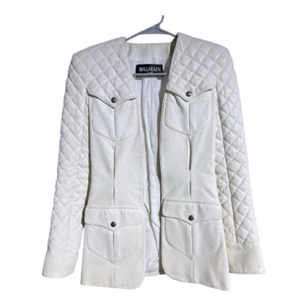 Balmain Ivory Quilted Leather Blazer